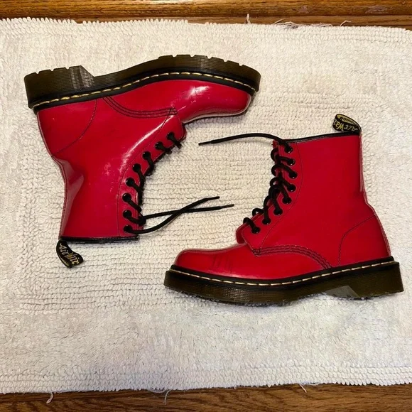 Dr. Martens Red Combat Boots with Yellow Stitching - Picture 1 of 7